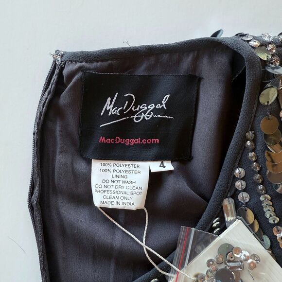 NWT Mac Duggal Embellished High Neck Long Sleeve Fitted Dress in Charcoal Gray 4 - Picture 9 of 16